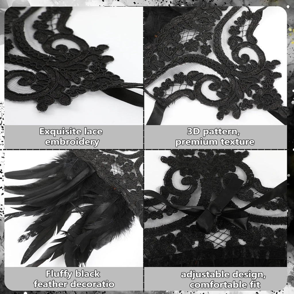 Close-up details of the gothic lace feather wrist cuffs, showing visible texture, color, and construction.