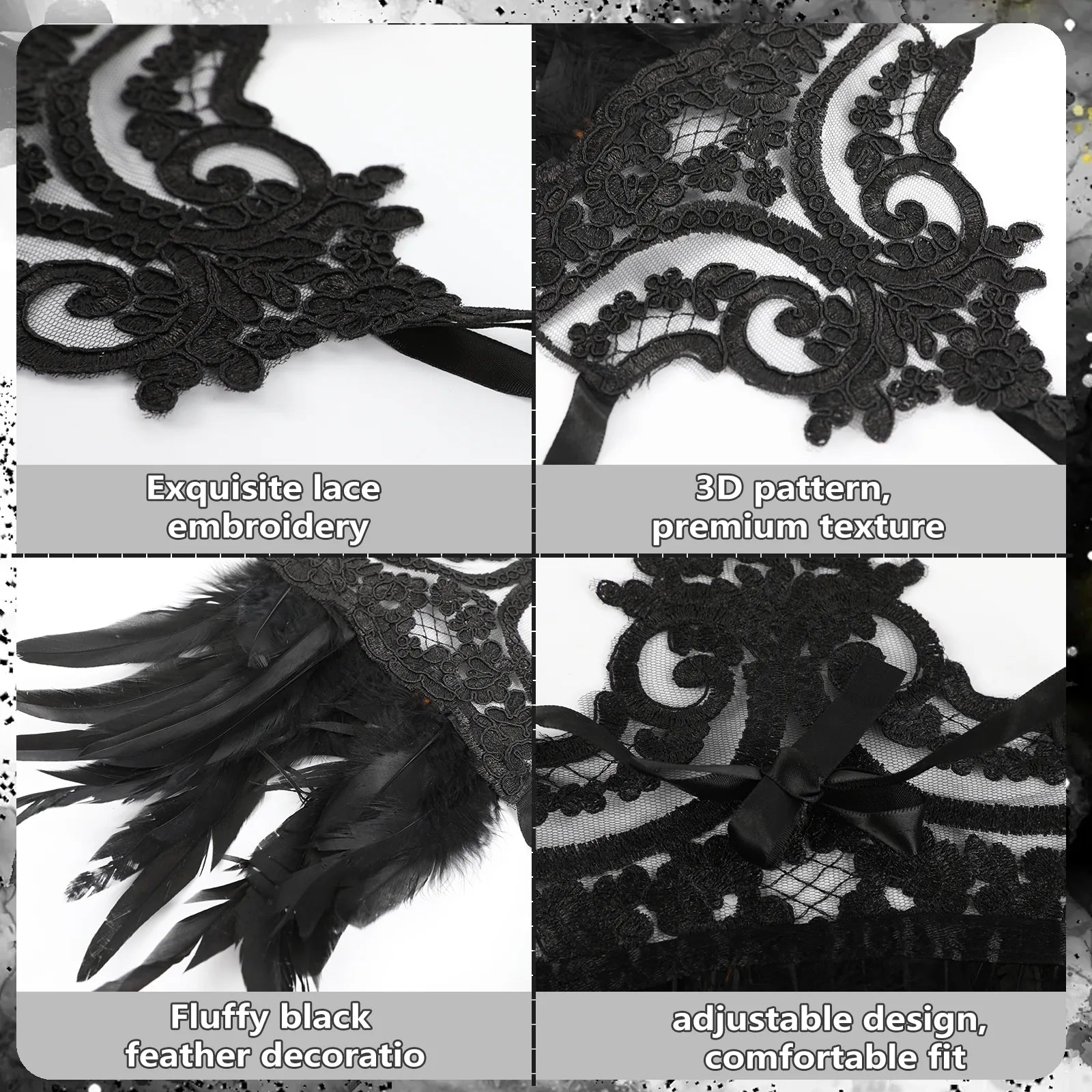 Close-up details of the gothic lace feather wrist cuffs, showing visible texture, color, and construction.