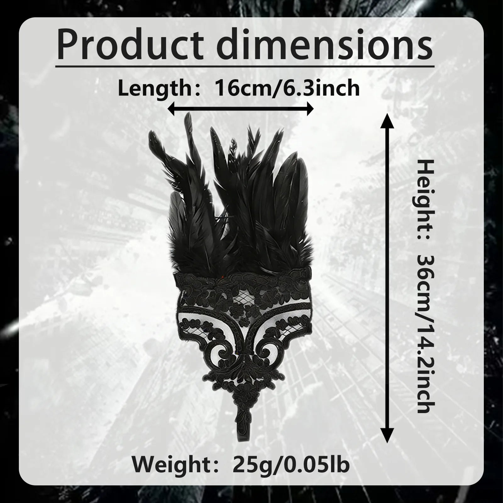 Dimension chart for the gothic lace feather wrist cuffs, showing the listed product measurements and scale.