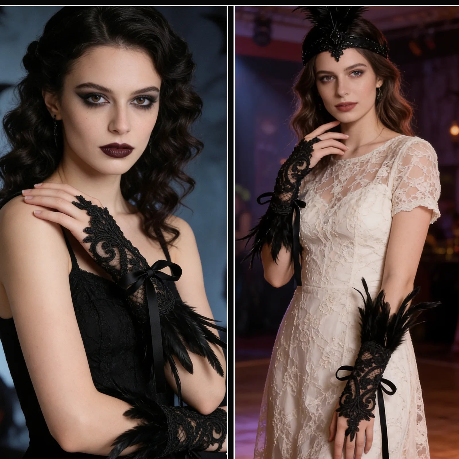 The gothic lace feather wrist cuffs shown across several styled Halloween and event display scenes.
