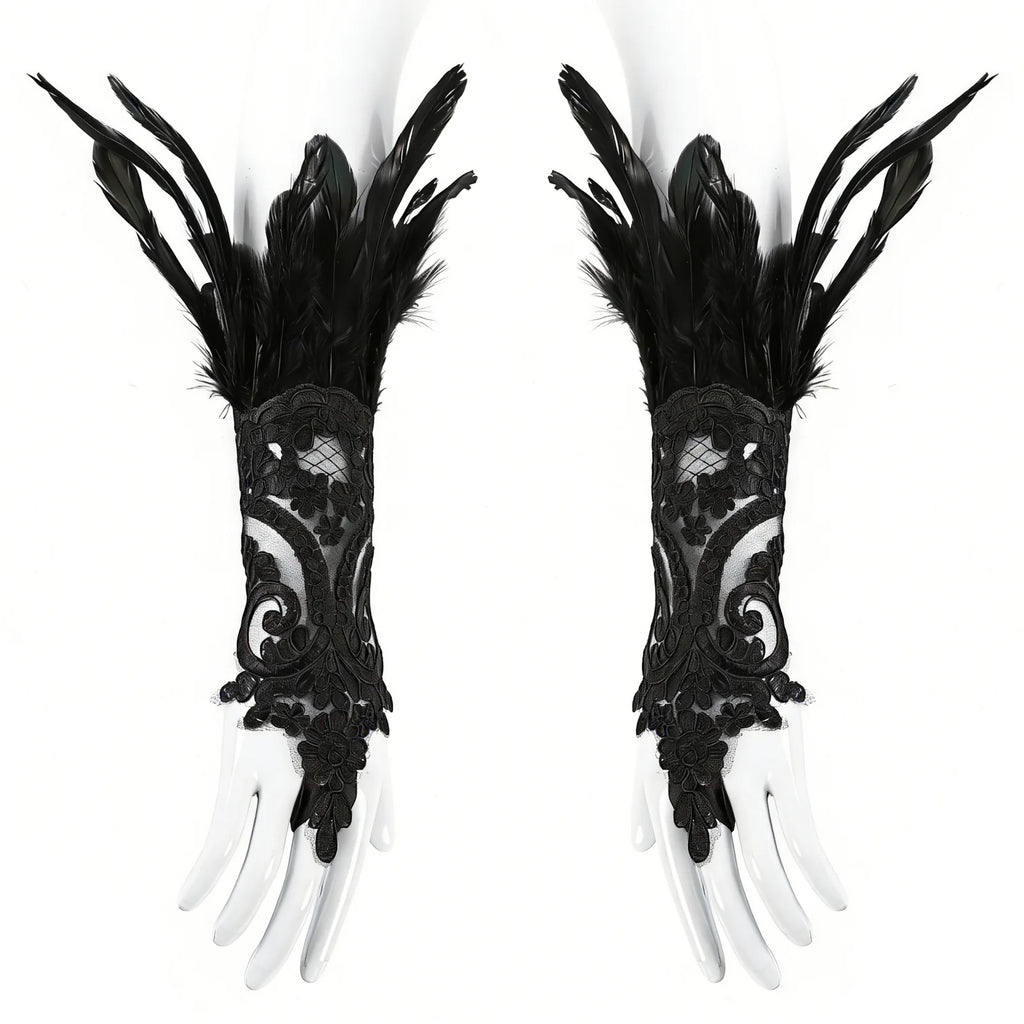 Front view of the gothic lace feather wrist cuffs, showing its overall shape and visible design.