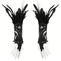 Front view of the gothic lace feather wrist cuffs, showing its overall shape and visible design.