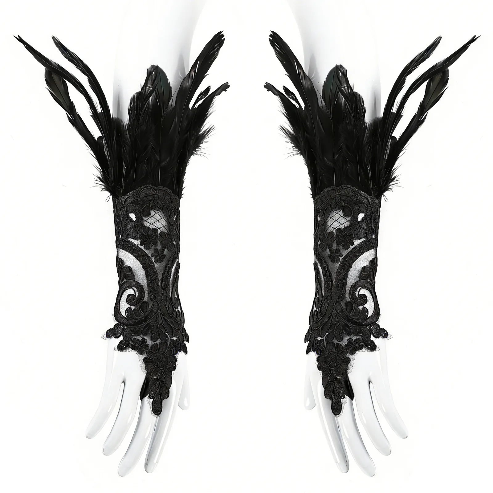 Front view of the gothic lace feather wrist cuffs, showing its overall shape and visible design.