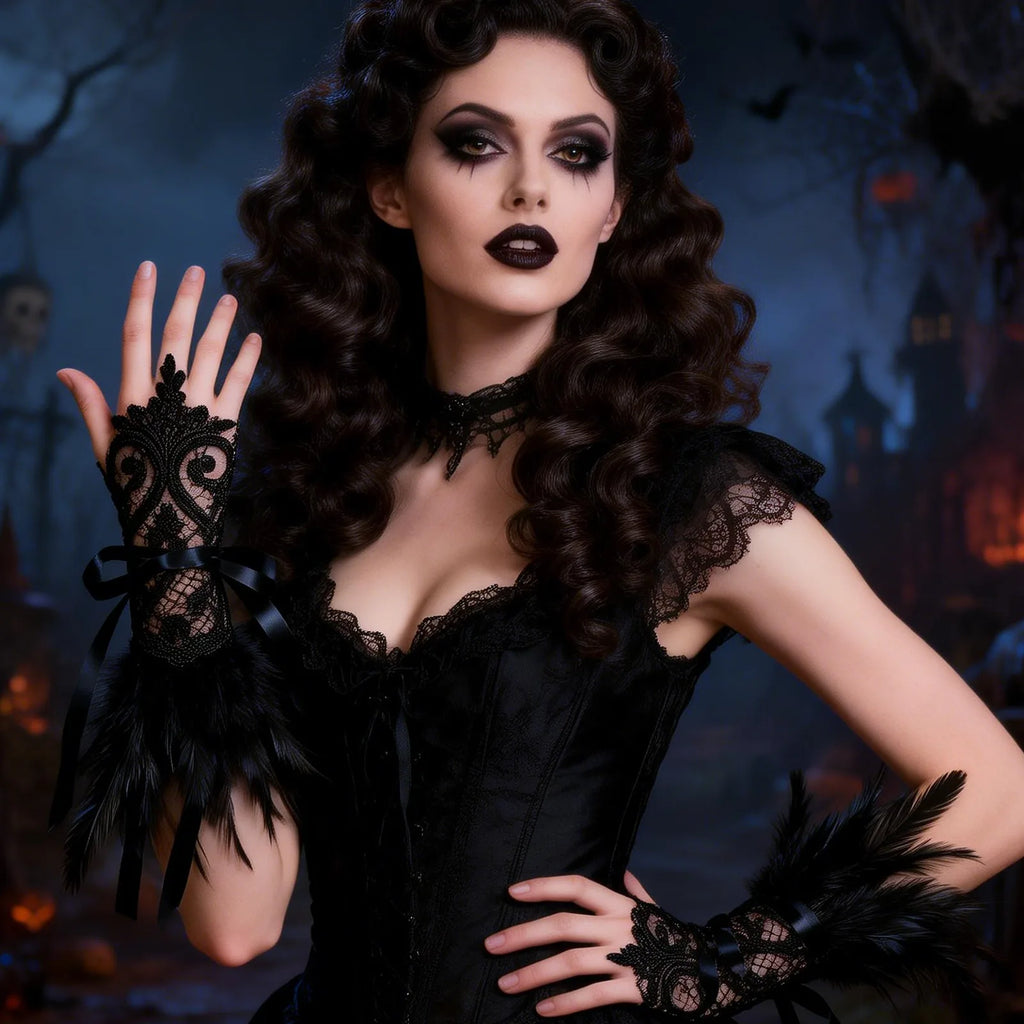 The gothic lace feather wrist cuffs displayed in a styled Halloween scene for visual context.
