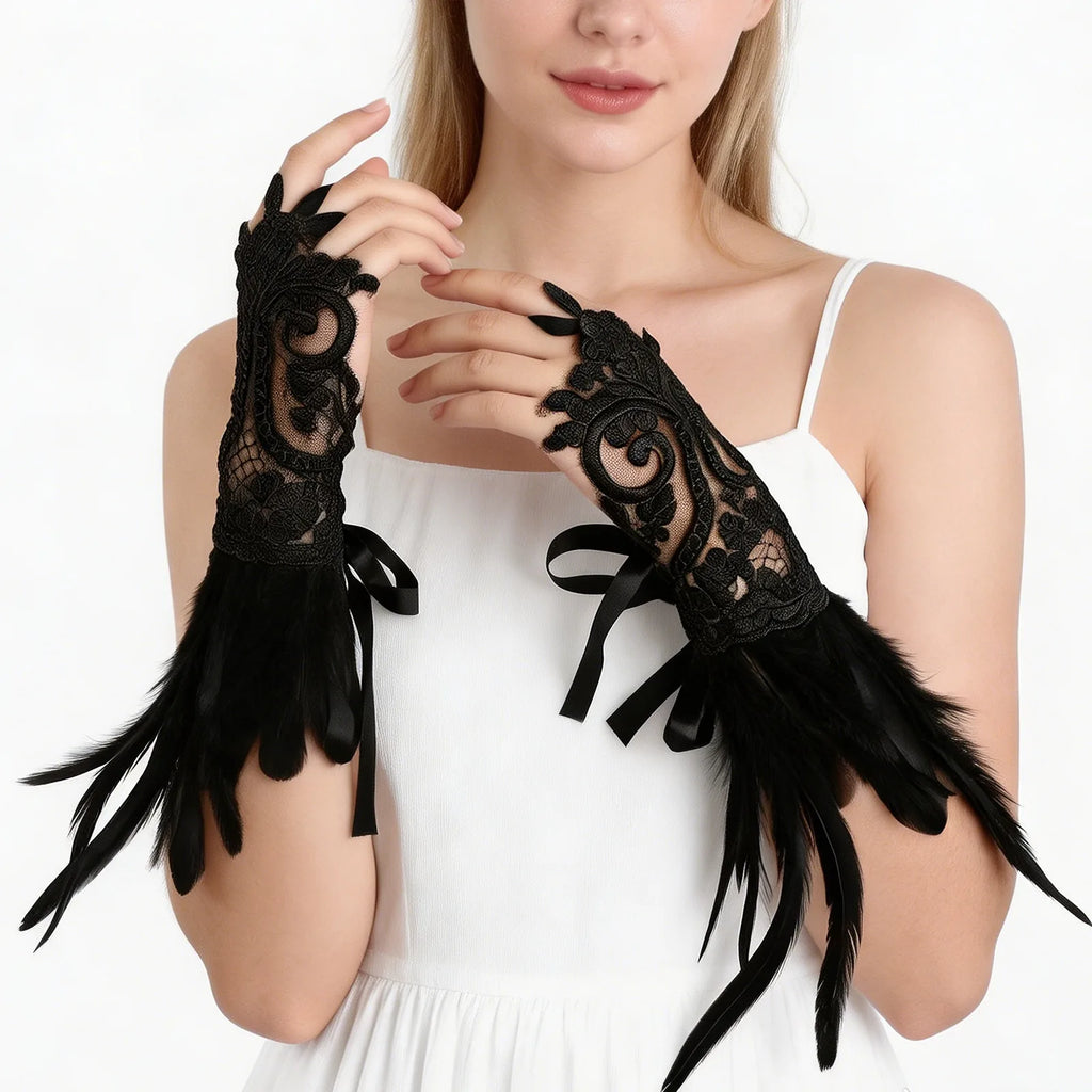 Styled view of the gothic lace feather wrist cuffs, showing how the item appears in use.