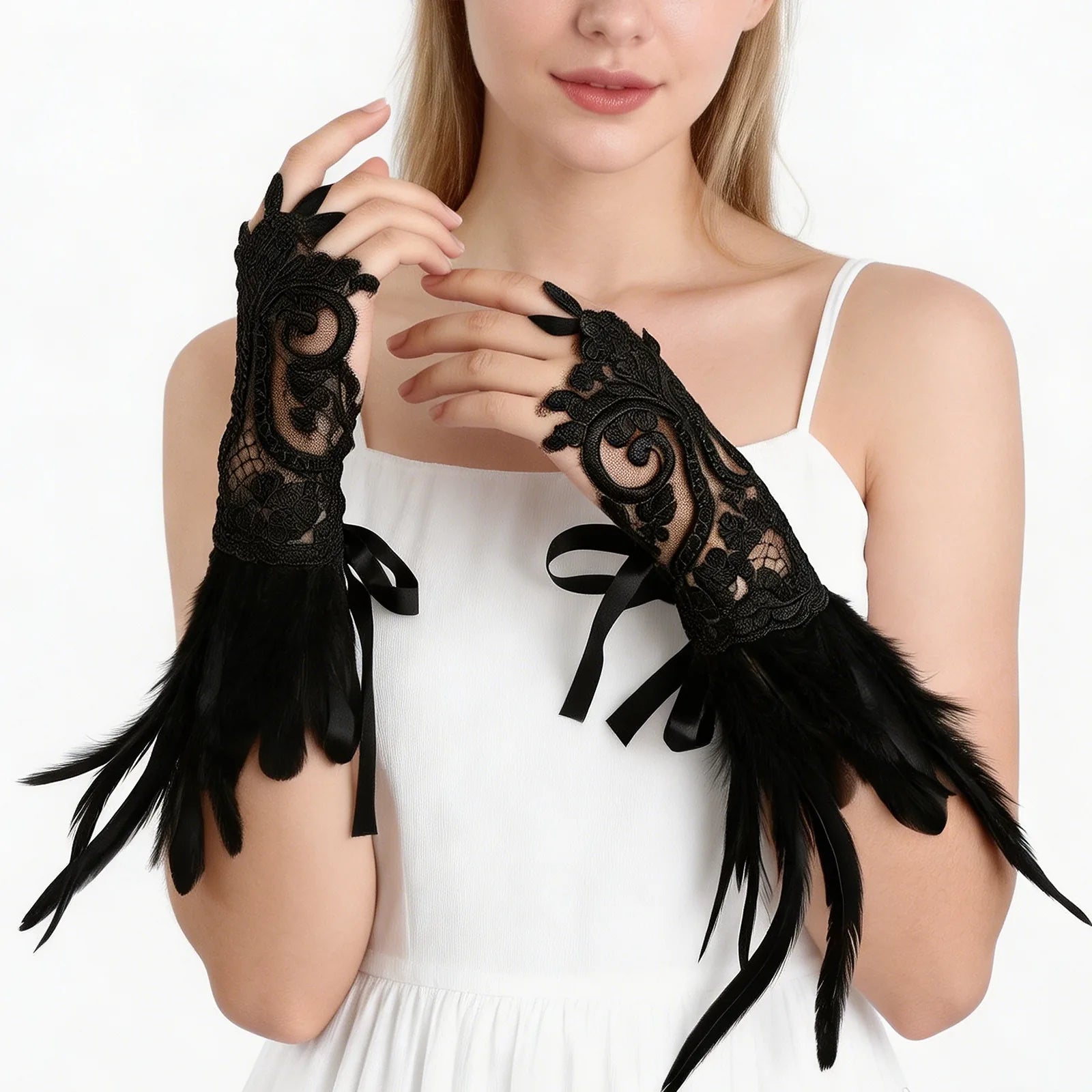 Styled view of the gothic lace feather wrist cuffs, showing how the item appears in use.