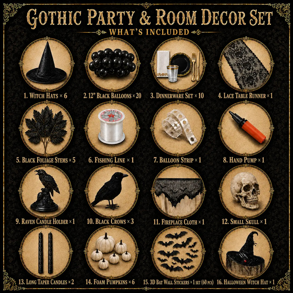 Gothic Halloween party and room decor set with black balloons, tableware, lace, crows, candles, pumpkins and skull accents