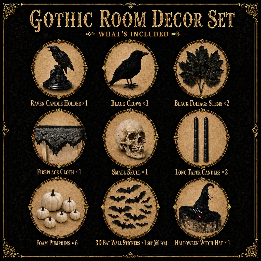 Gothic Halloween room decor set with crows, black foliage, fireplace cloth, skull, candles, pumpkins, bat wall stickers and witch hat