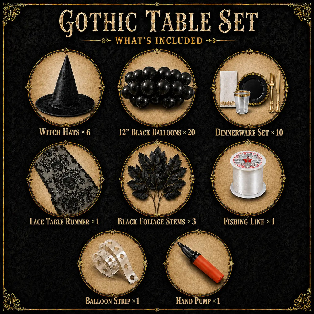 Gothic party table set includes witch hats, black balloons, dinnerware set, lace table runner, black foliage, balloon accessories and hand pump