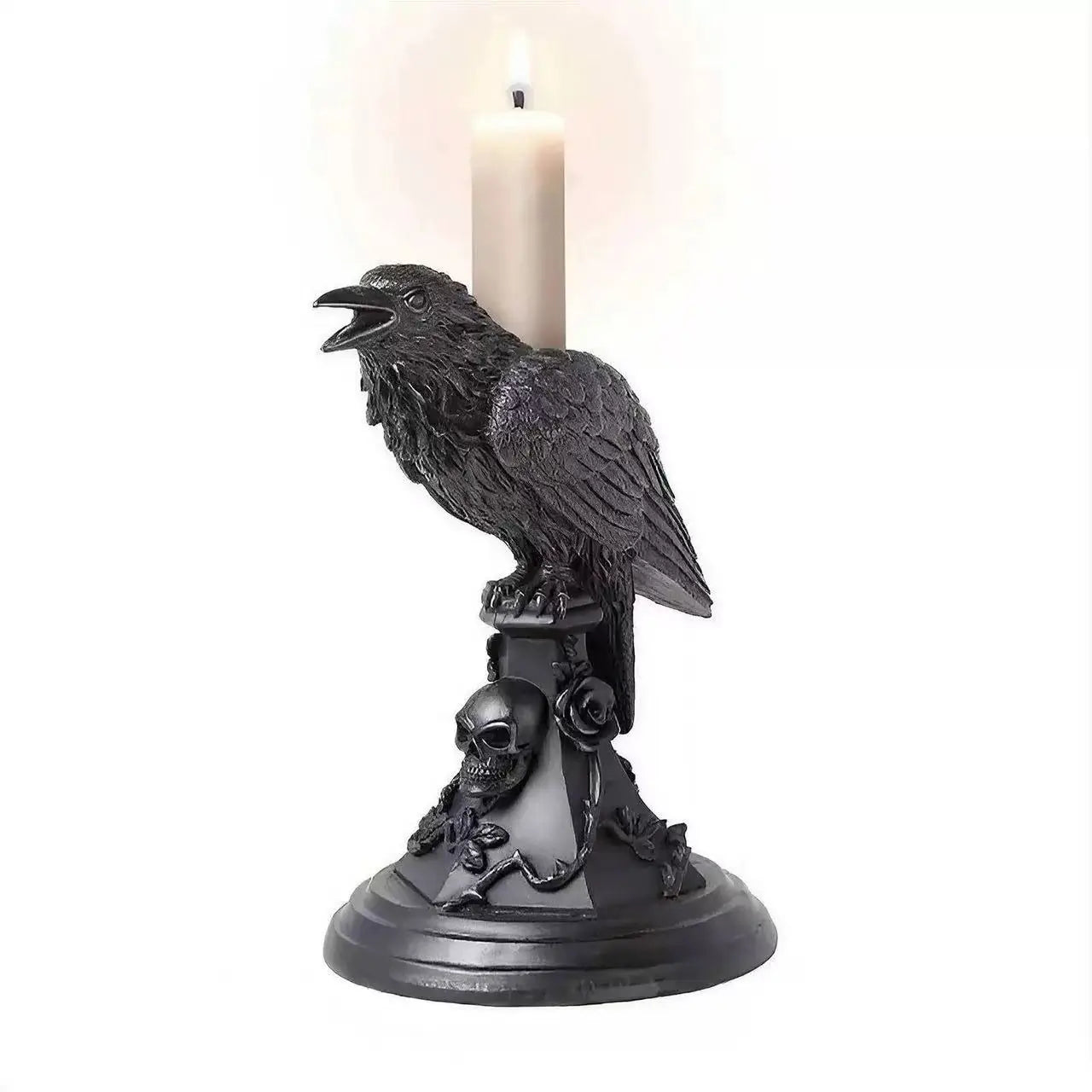 Black gothic raven candle holder with skull and rose embellishments on white background