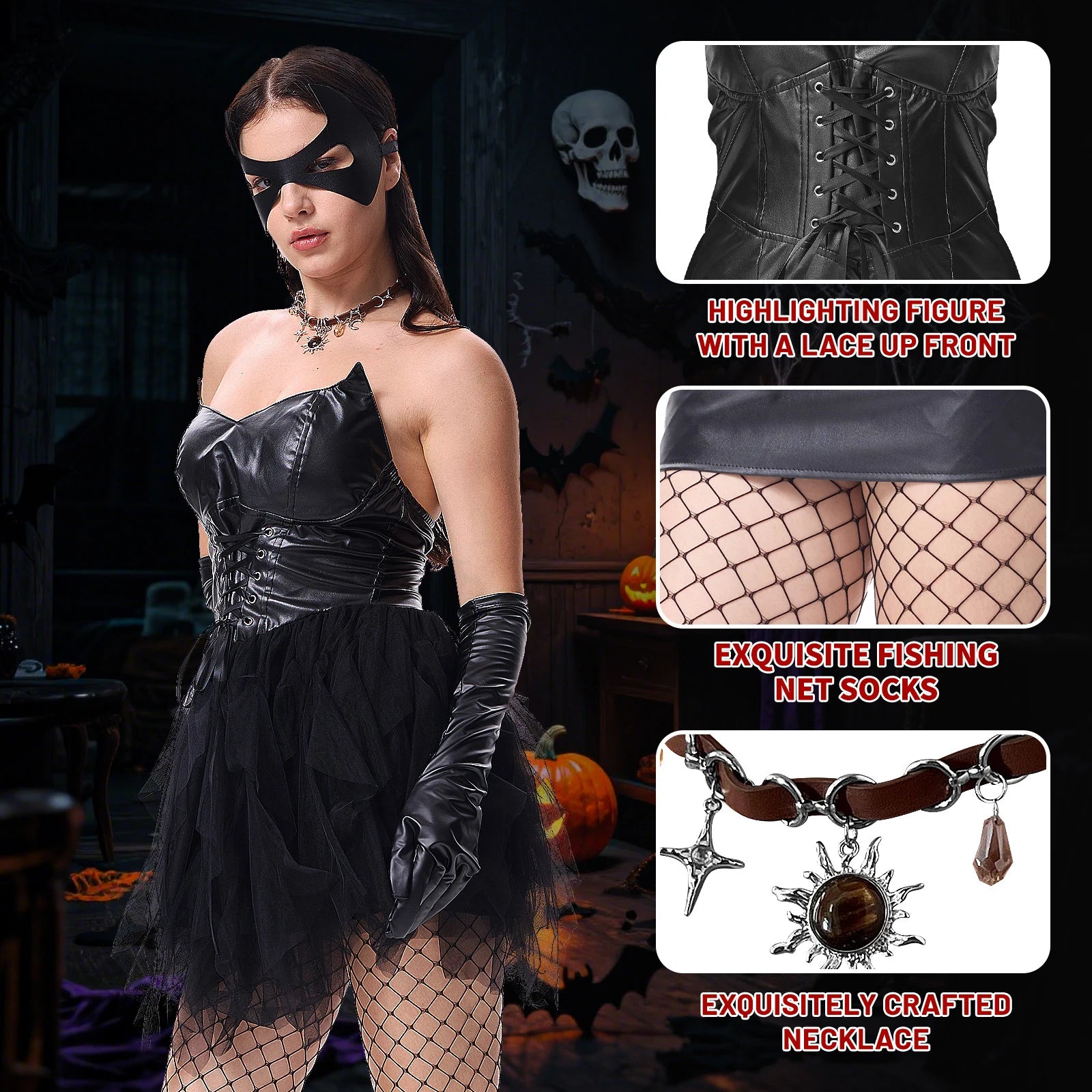 Gothic tutu dress costume with lace-up leather-look bodice and layered black tulle
