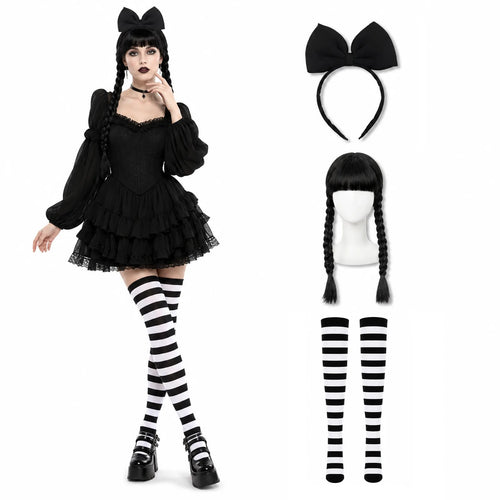 Wednesday Addams-inspired 3-piece accessory set with black braided wig, bow headband and black-and-white striped socks.