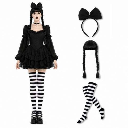 A costumed model wears the black bow headband, braided wig, and striped thigh high socks.