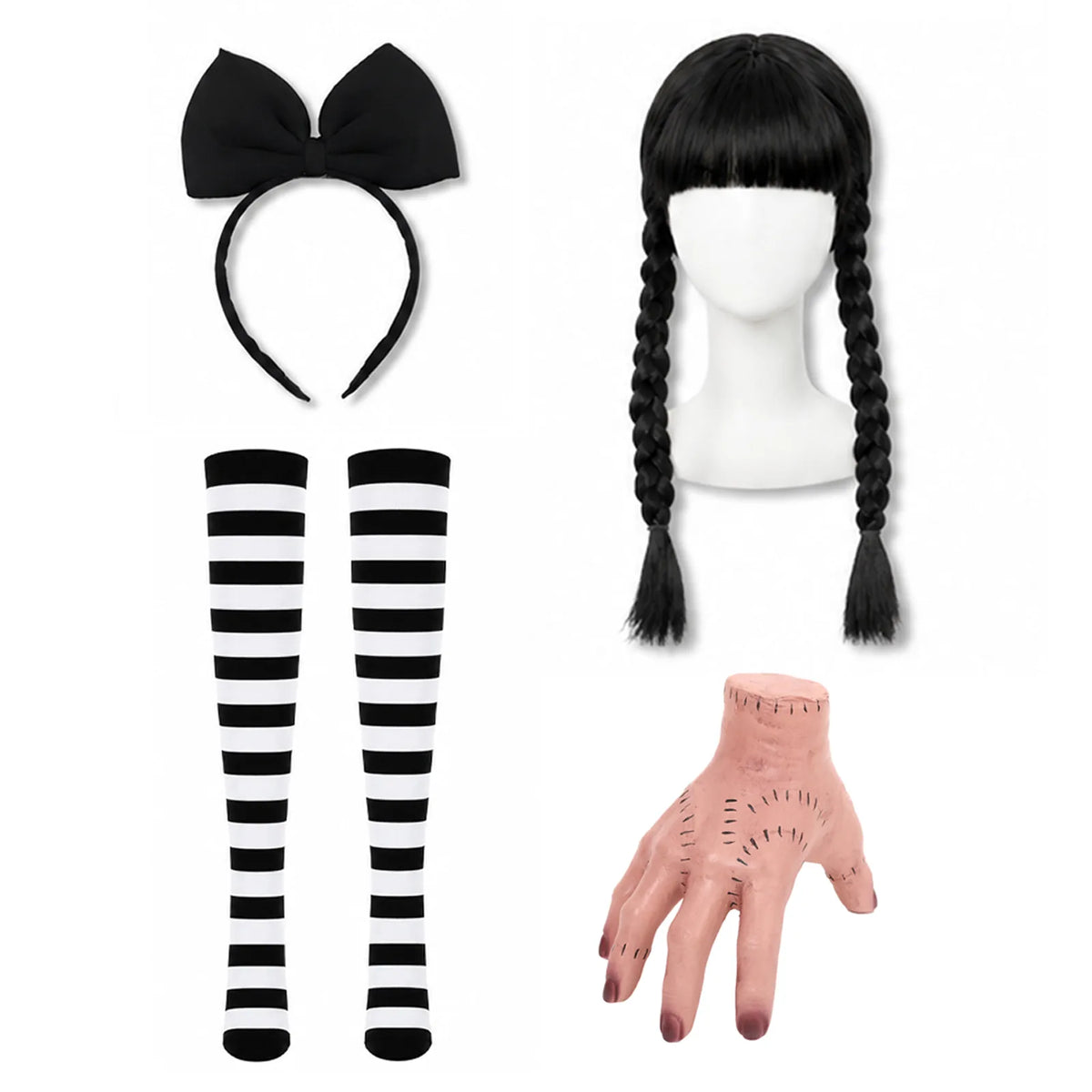 Black bow headband, braided wig, striped thigh high socks, and flesh-tone fake hand arranged together.