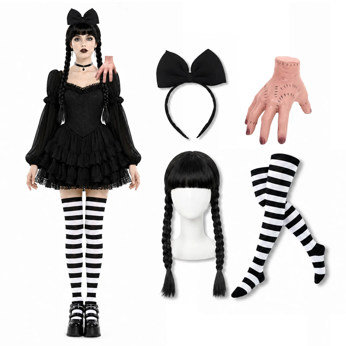 Wednesday Addams-inspired 4-piece accessory set with black braided wig, bow headband, striped socks and fake hand prop.