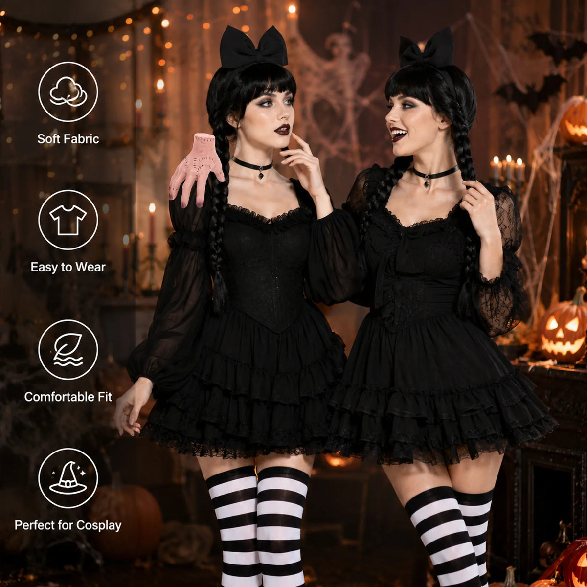 Detail graphic shows the bow headband, braided wig, striped thigh high socks, and fake hand prop.