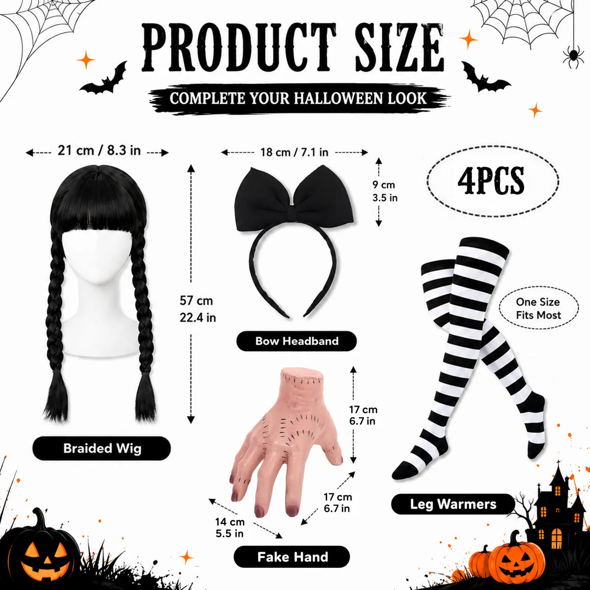 Size graphic showing measurements for the wig, bow headband, thigh high socks, and fake hand prop.