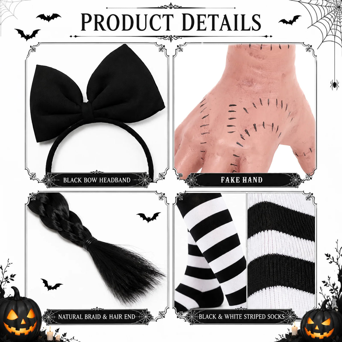 Front and rear views of the four-piece gothic costume accessory styling.