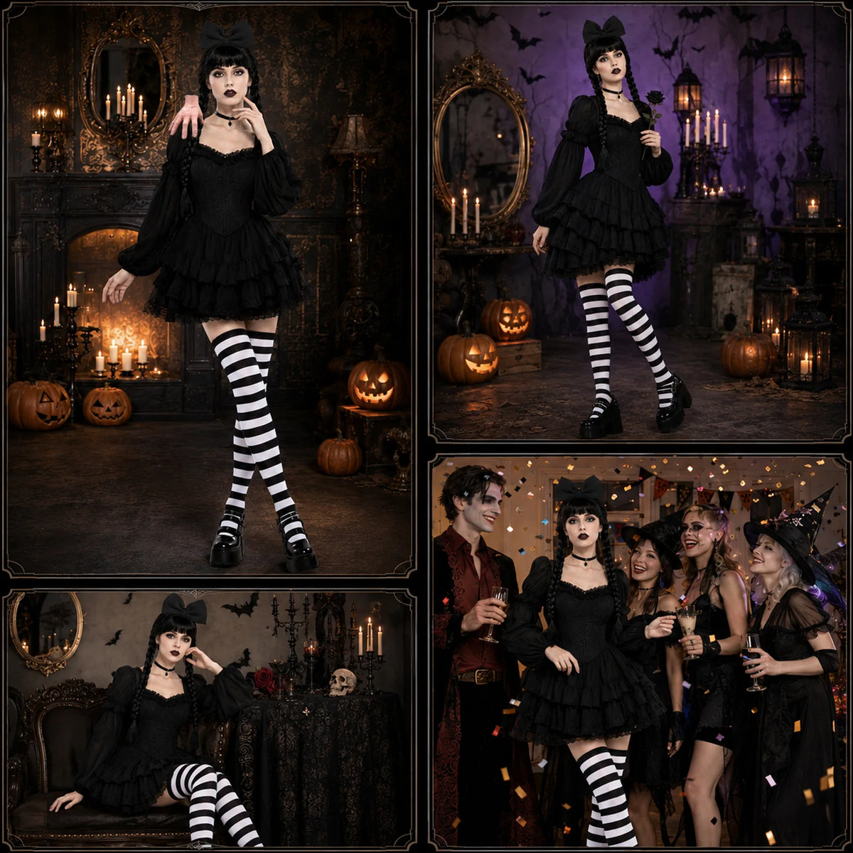 A costumed model wears the four-piece gothic accessory look in a Halloween room.