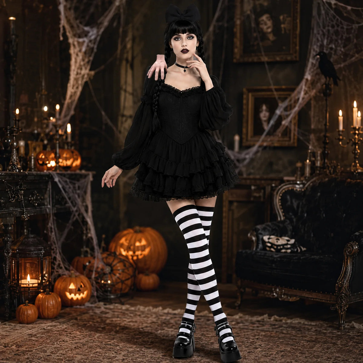 Two costumed models wear the four-piece gothic accessory set at a Halloween party.