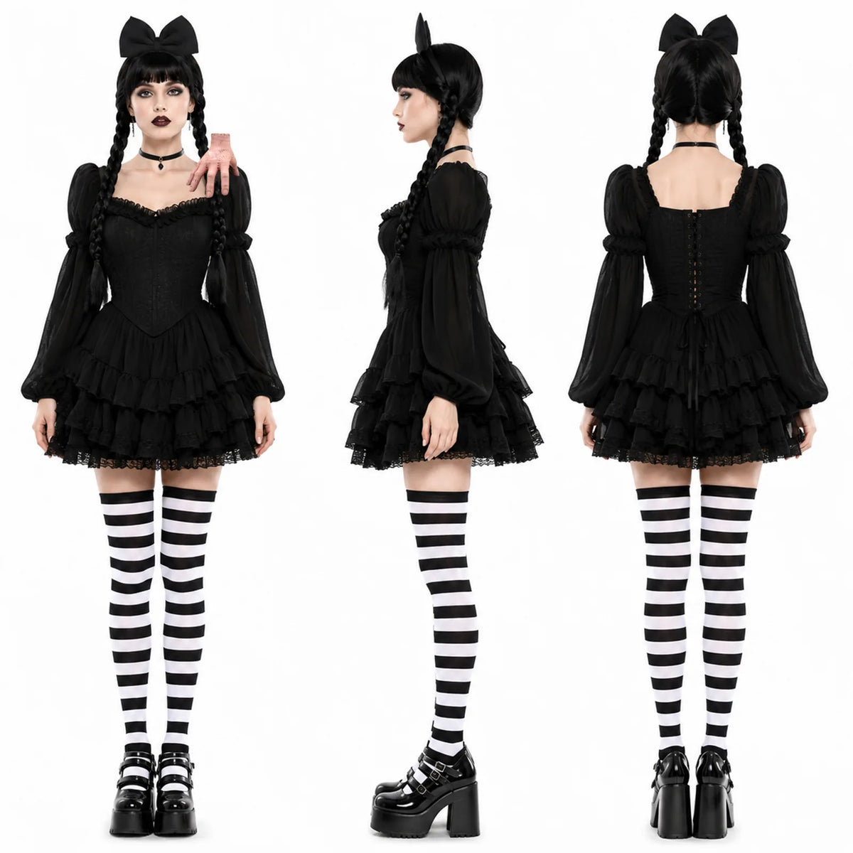Front, side, and rear views show the braided wig and striped thigh high socks from the four-piece set.