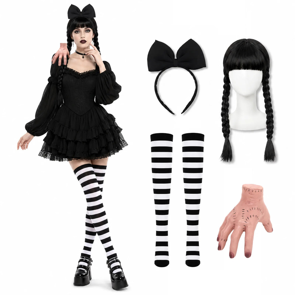 A costumed model wears the braided wig, bow headband, and striped thigh high socks beside the included fake hand prop.