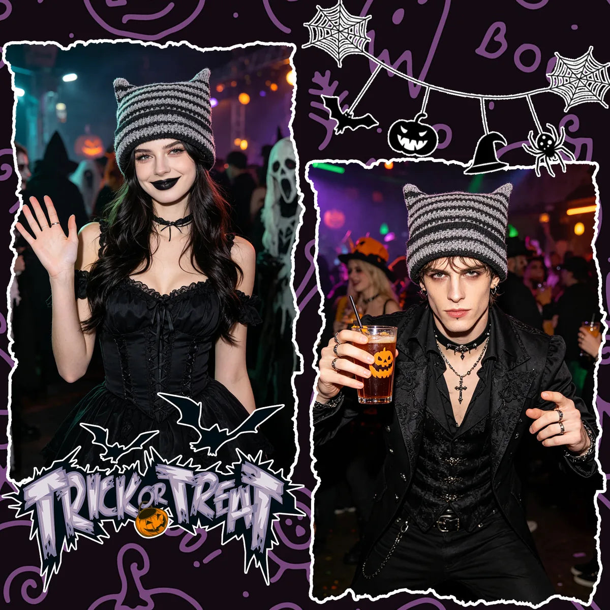 Striped horn knit hat shown in several Halloween costume settings.