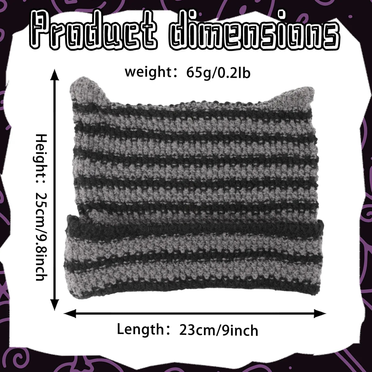 Dimension graphic shows the striped horn knit hat height, width, and weight.