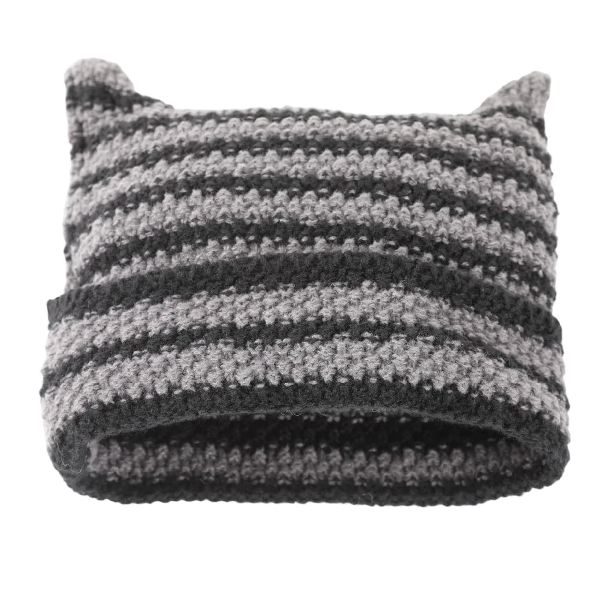 Gray and black striped knit hat with two pointed horn-like corners.