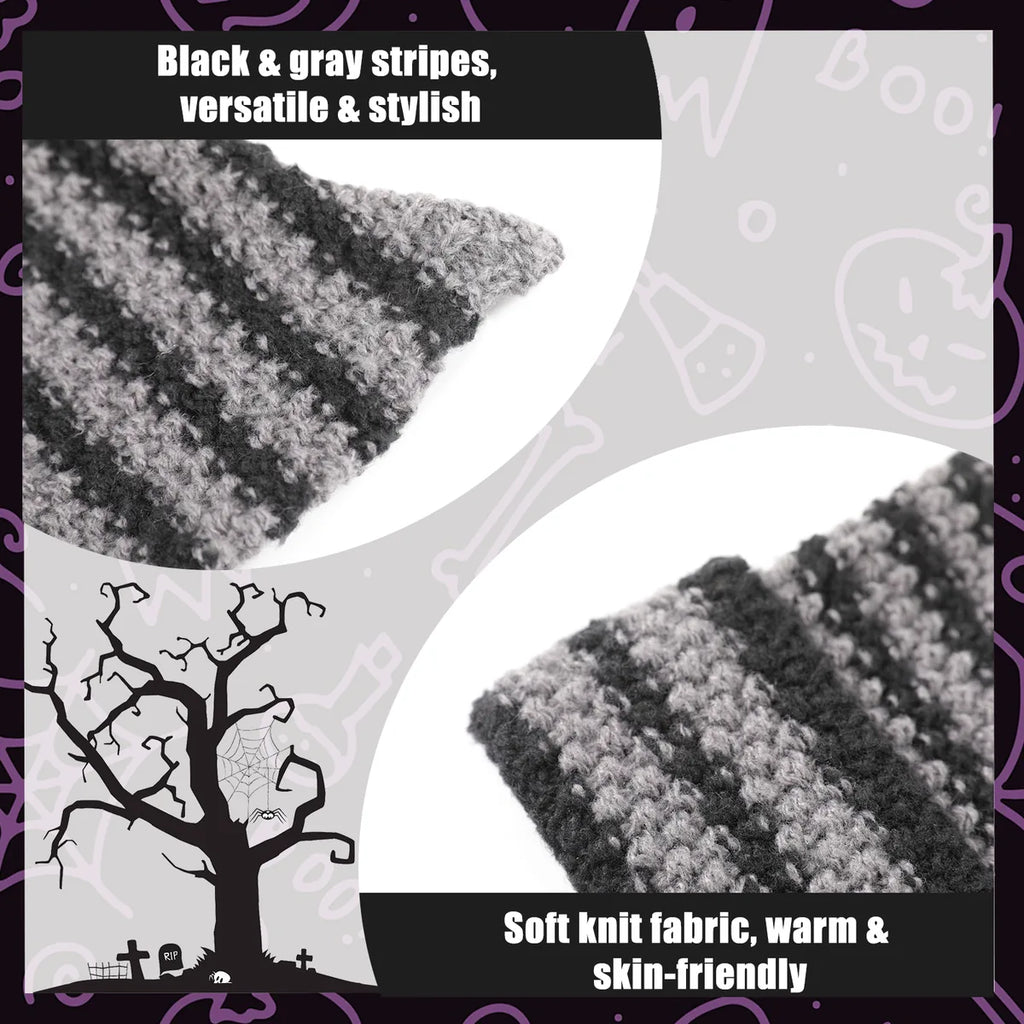 Detail graphic highlights the soft striped knit fabric and pointed corners.