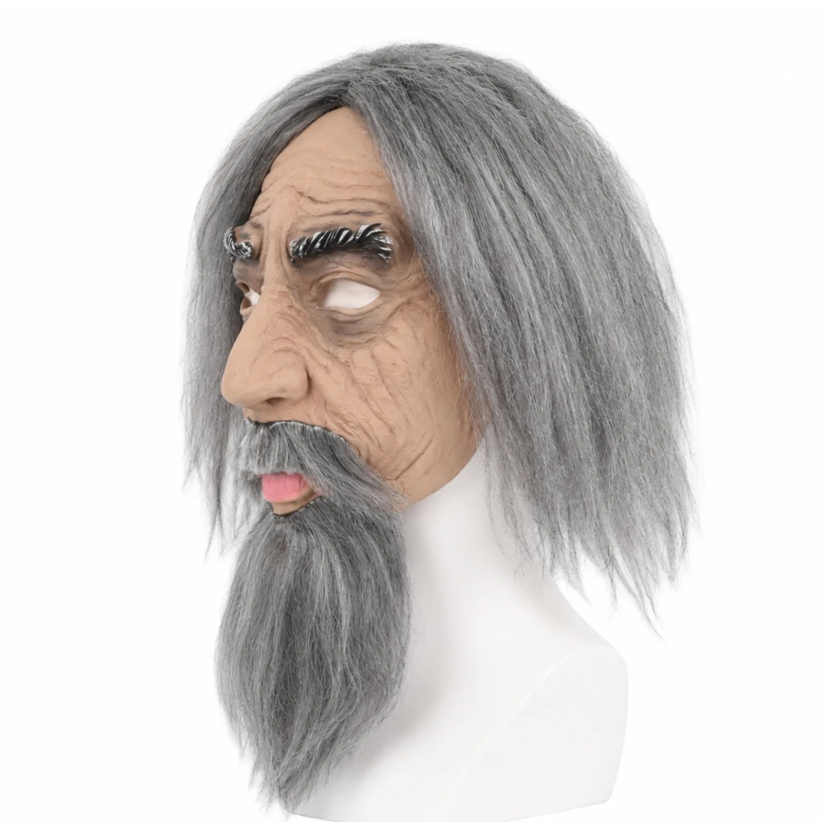 Gray-Haired Old Man Mask with Beard, front product view