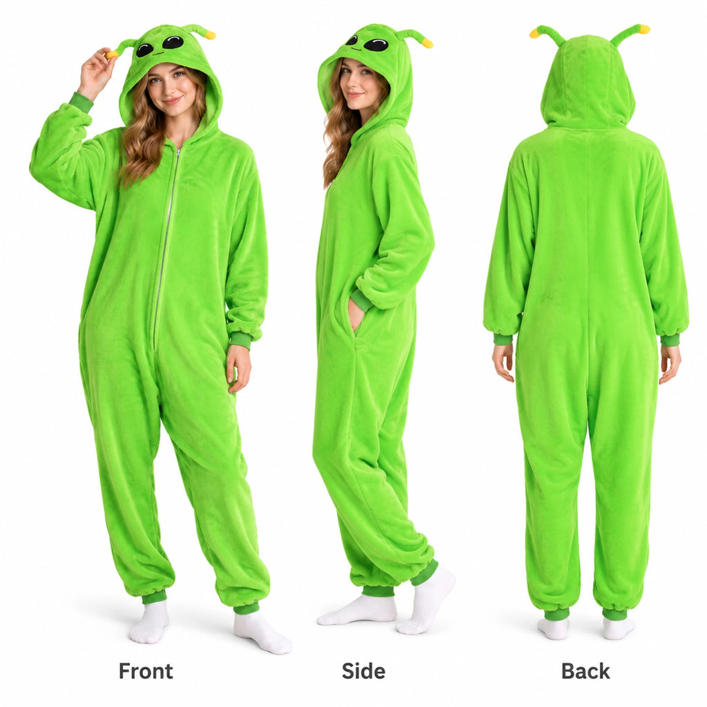 Front, side and back views show the green alien costume with an attached hood, long sleeves and ankle cuffs.