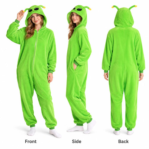 Front, side and back views show the green alien costume with an attached hood, long sleeves and ankle cuffs.