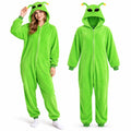 A woman wears the green alien costume beside the matching hooded jumpsuit with black eyes and yellow-tipped antennae.