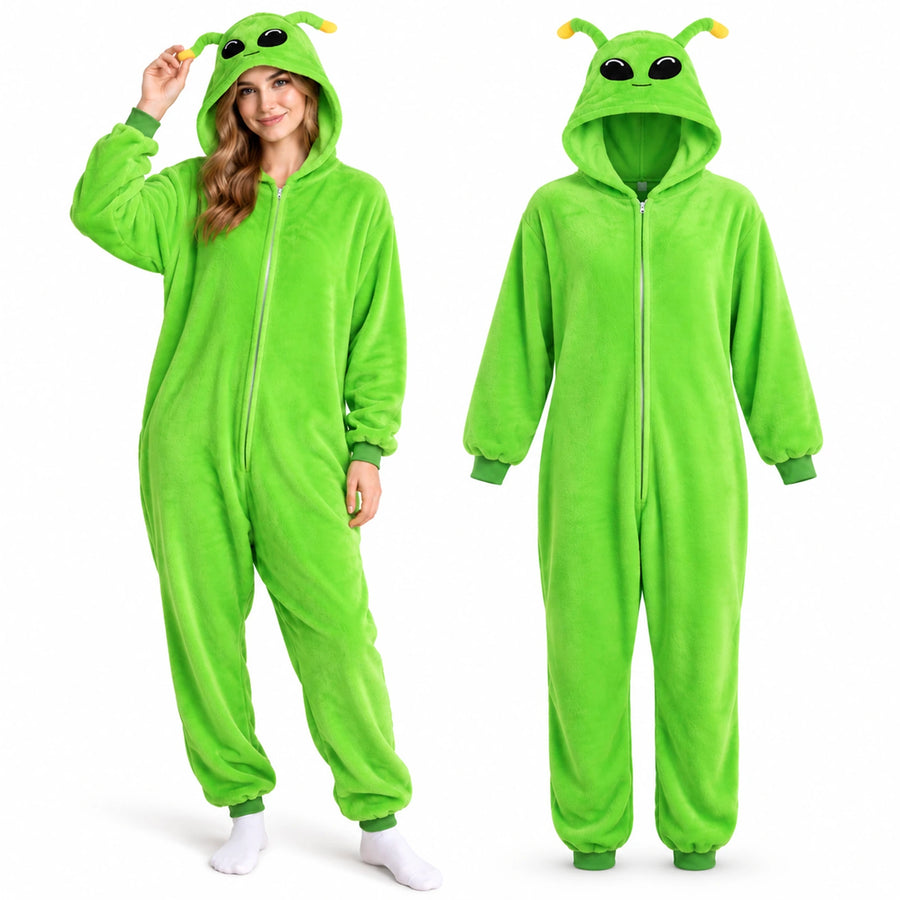A woman wears the green alien costume beside the matching hooded jumpsuit with black eyes and yellow-tipped antennae.