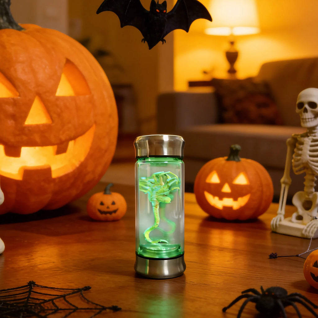 A themed setting presents green alien specimen jar displayed as sci-fi Halloween decor, with the clear specimen jar, sculpted alien creature and green illumination clearly visible.