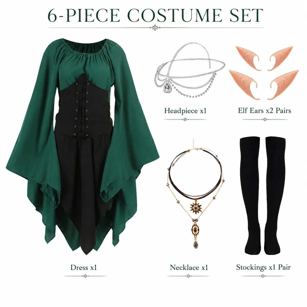 Green and black medieval elf costume styled with a headpiece, pointed ears, necklace, and black stockings.