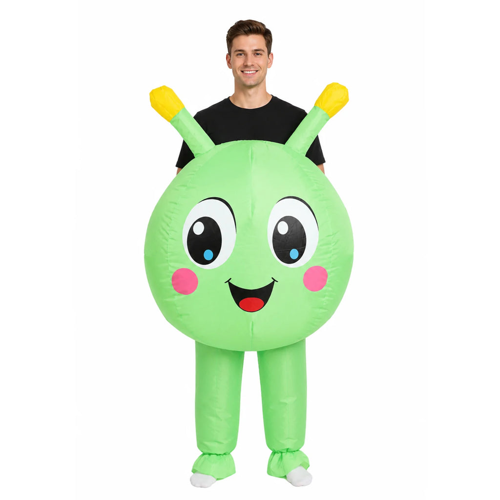 Adult wearing the green smiling head section of the caterpillar costume