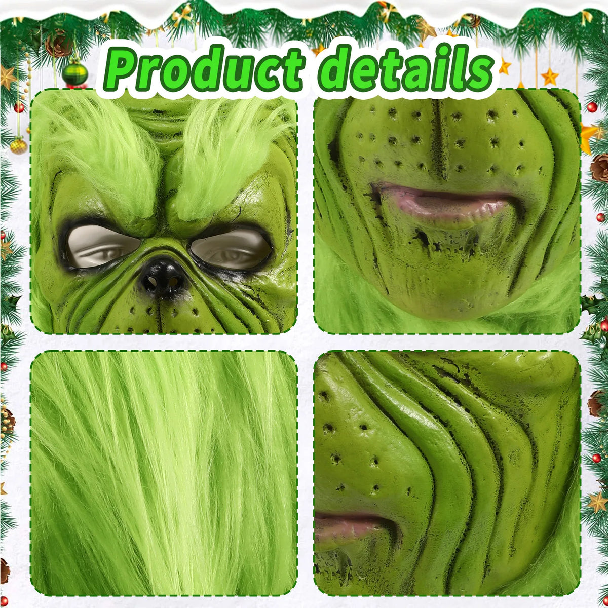 Close detail panels show the green mask brows, nose, sculpted mouth and hair.