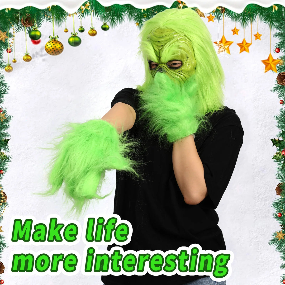 A model demonstrates the green character mask while wearing separate green gloves.