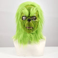 An isolated front view shows the green mask with black nose and long hair.