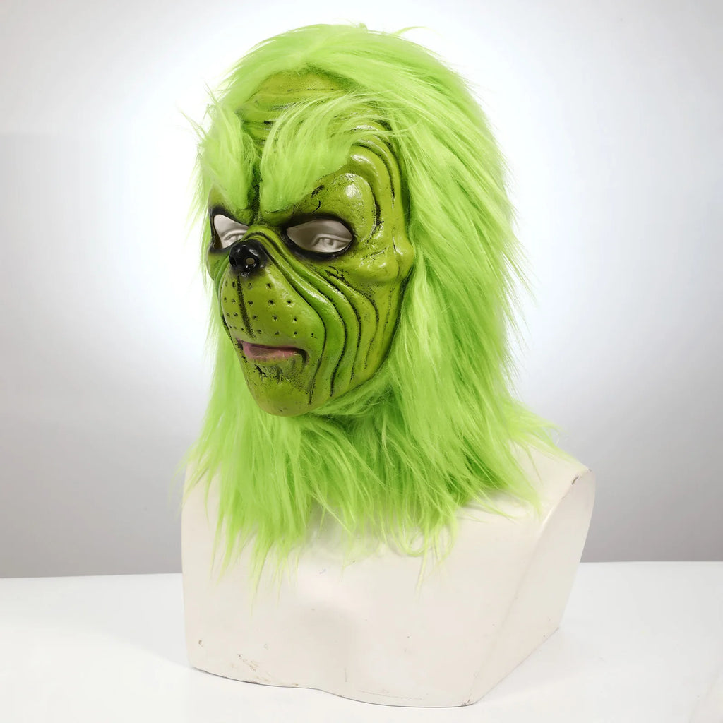An isolated three-quarter view shows the green mask sculpted face and flowing hair.