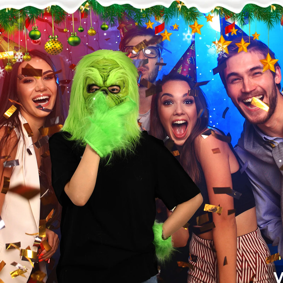 The long-haired green mask is worn among guests in a decorated party scene.