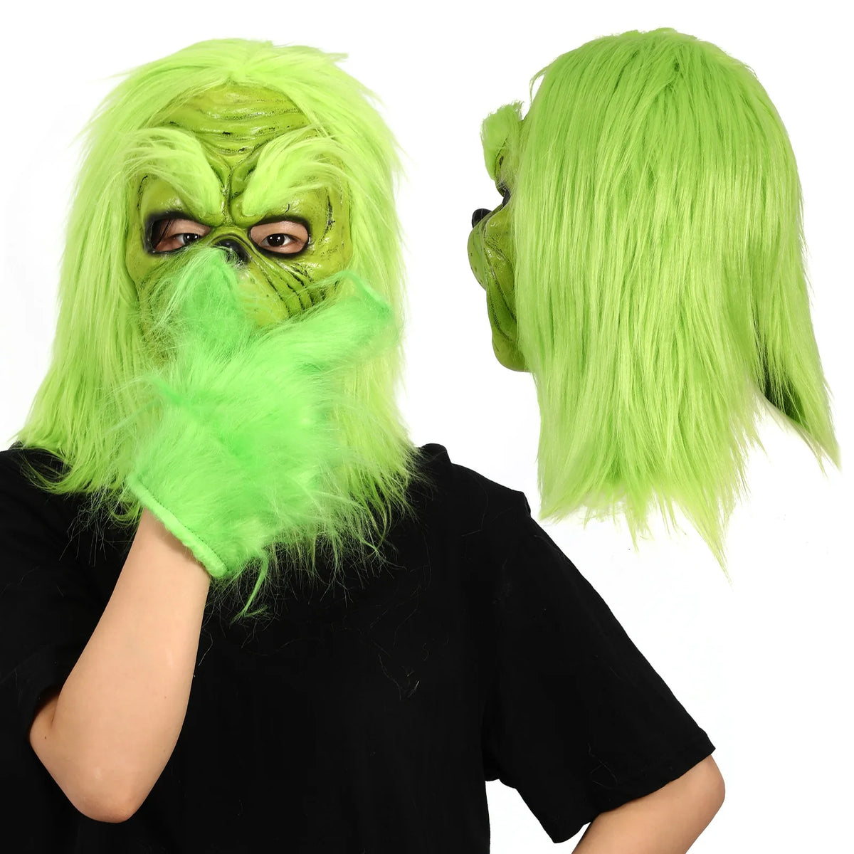 A green character mask with long hair is shown in a worn view.