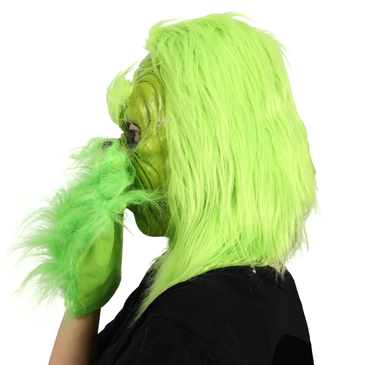 A side worn view shows the green character mask profile beneath long hair.