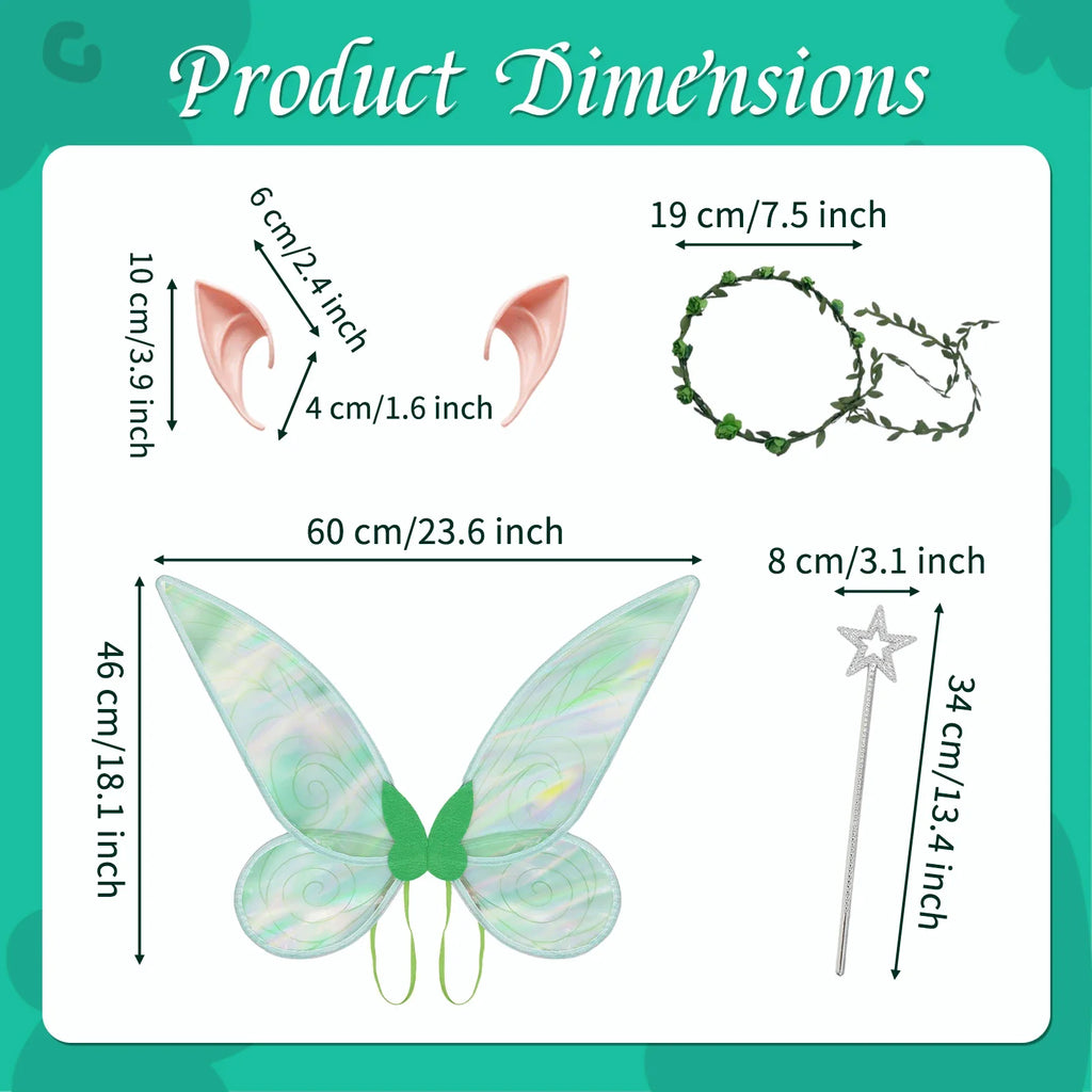 Green fairy costume accessories dimensions for wings, wand, ears and crown