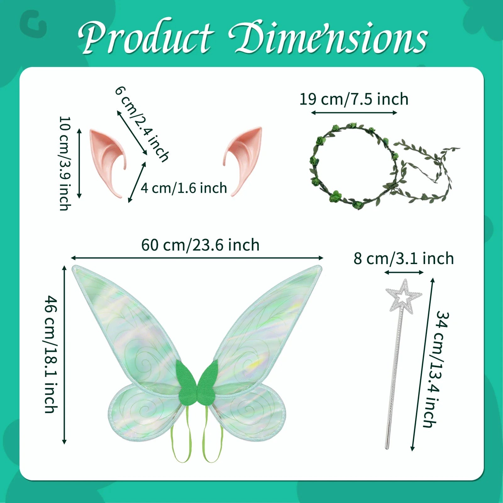 Green fairy costume accessories dimensions for wings, wand, ears and crown