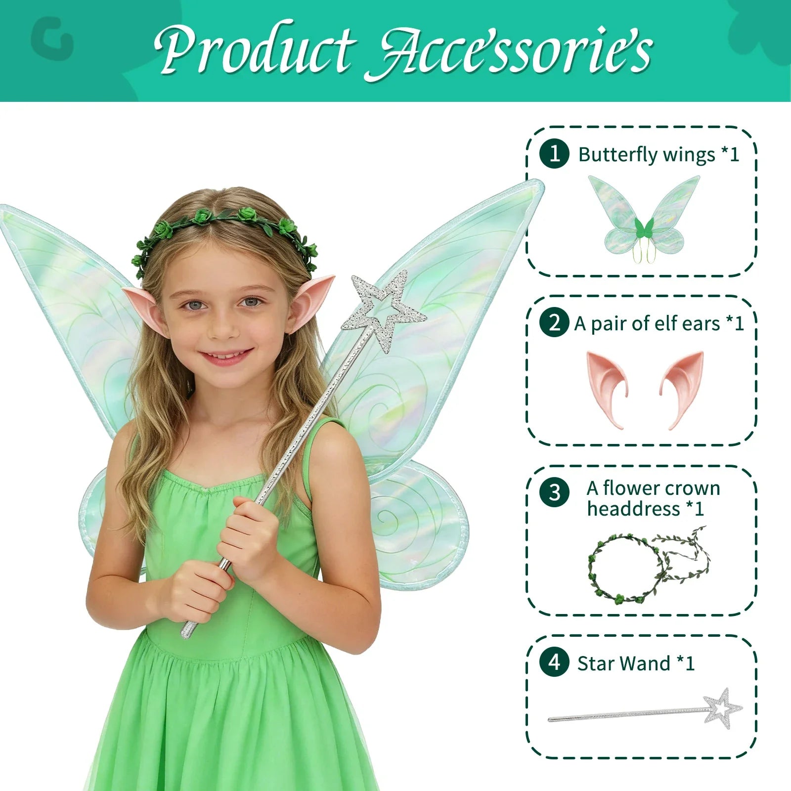 Four-piece green fairy set with wings, elf ears, flower crown and wand