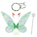 Green fairy wings costume accessory set with elf ears, floral crown and star wand