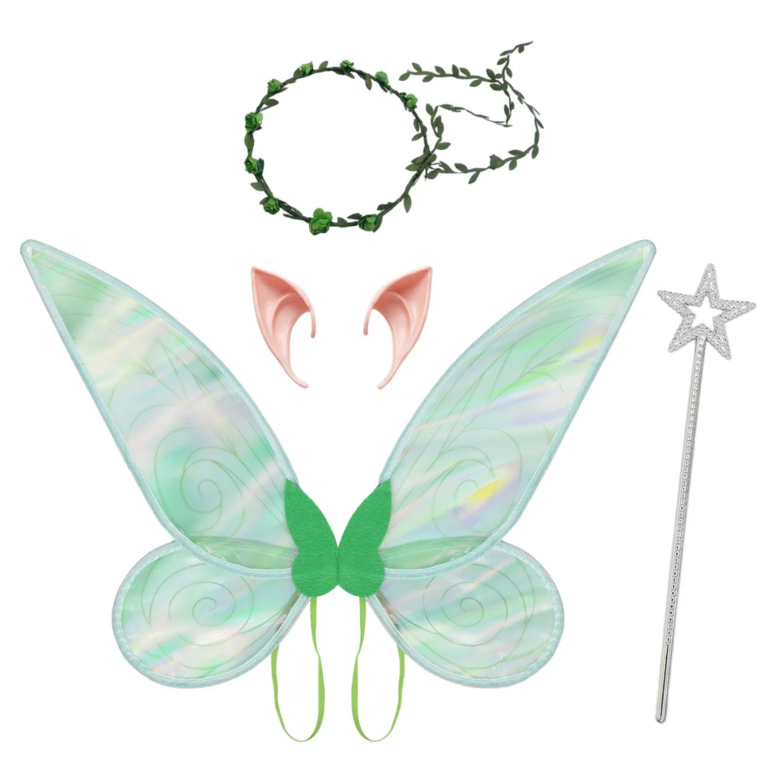 Green fairy wings costume accessory set with elf ears, floral crown and star wand